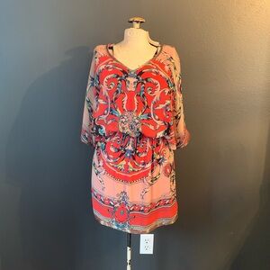 Vibrant Colors Patterned Dress. Beaded at the Neck Line.